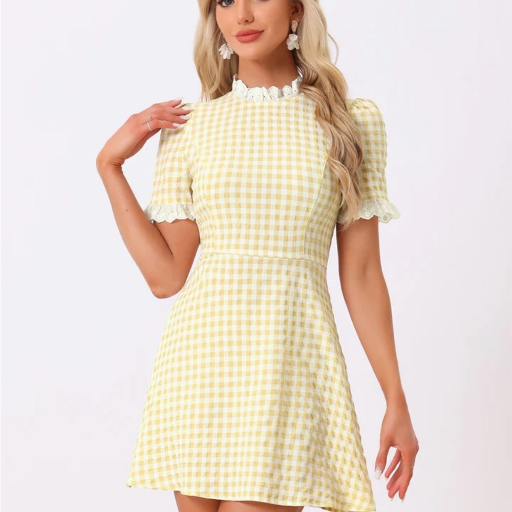 Allegra K Yellow Gingham Dress with White Trim